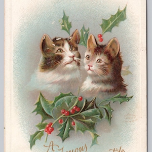 Cartolina di Natale vintage gioiosa, gatti e agrifoglio, cartolina in rilievo