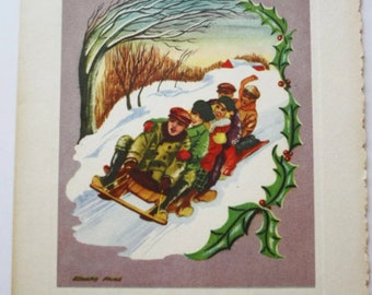 1950s Vintage Weihnachtskarte, ""Kinderschlittenfahrt", Signiert, Klappkarte""