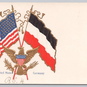 Cartolina postale USA con bandiera patriottica americana e tedesca dell'Impero, circa 1909, aquila dorata in rilievo 7512