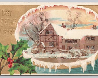 0444 Antique 1900s Embossed Christmas Postcard, Holly, Inset Winter Home