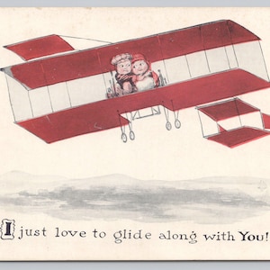 Carte postale antique romantique avion planeur pour enfants, glisse le long 7041