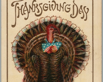 Thanksgiving Day Greetings Turkey American Flag Bowtie Gold Embossed Postcard