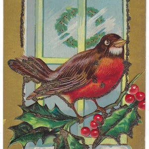 Un joyeux Noël. Robin, Holly, Sparkle, Fenêtre. Carte postale vintage série oiseaux
