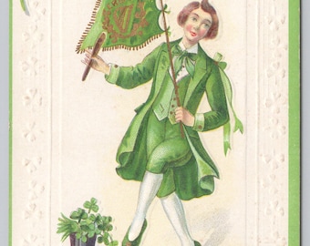 9024 Souvenir of St Patrick's Day Man Flag Erin Go Shamrock Irish Postcard