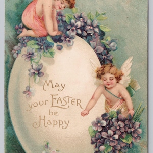 Ostern Kleine Engel, Veilchen, Riesenei Fantasy Int'l Art c1906 Postkarte