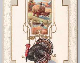 Carte postale vintage dinde de voeux de Thanksgiving - J.J. Marques en relief 1910