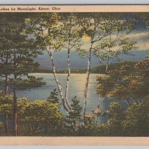 Cartolina d'epoca in lino Portage Lakes al chiaro di luna, Akron, Ohio 1074