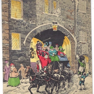 Vintage Weihnachtskarte, Kutsche galoppierende Pferde, Liebe Grüße, übergroße Vintage Karte, signiert