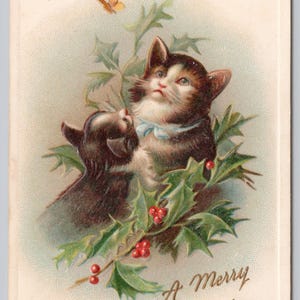 Cartolina d'epoca di auguri di Capodanno, gatti che guardano farfalle, cartolina in rilievo