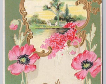 A Happy Birthday Vintage Embossed Gold Detail Postcard