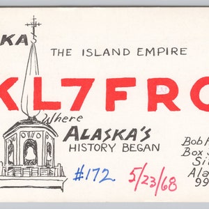 Cartolina vintage QSL per radioamatori, biglietto da visita KZ5AK Bob Holt Sitka AK 0739