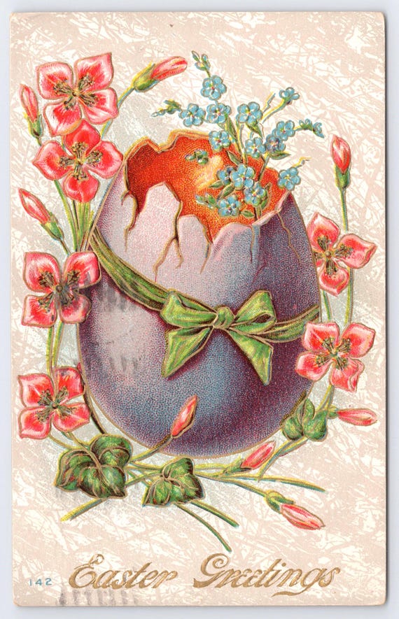Easter Greetings Large Egg With Florals Embossed Antique Postcard  display picture 1