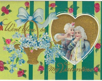Antieke reliëf E. Nash Valentines Card, goud verguld, Victoriaans paar, groene streep