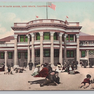 Long Beach, CA Début des années 1900 Baigneurs de plage et entrée de la maison de bain Carte postale ancienne 1244