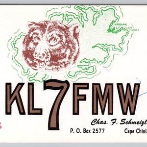 Cartolina QSL del 1968, radioamatore amatoriale KL7FMW Cape Chiniak AK 0748