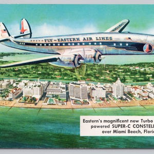 Eastern Airlines-ansichtkaart, Super C Constellation-briefkaart, Miami Beach, FL 0953, 2e kaart wordt gratis verzonden (VS)