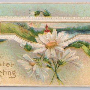 Cartolina d'epoca Auguri di Pasqua Margherite bianche Vista panoramica 0816