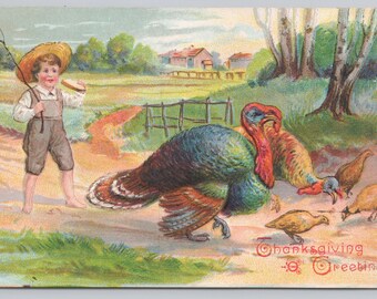 Vintage 1908 Thanksgiving Embossed Postcard Farm Boy with Whip and Turkeys