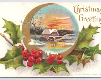 1907 Postcard Christmas Snowy Scene Embossed Holly and Inset House Antique