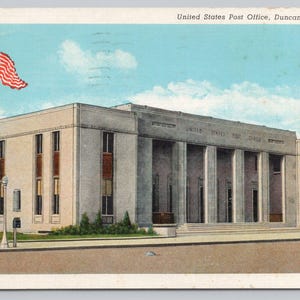 Cartolina Duncan OK Stati Uniti Post Office American Flag Vintage 1378