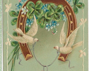 1909s Antique Postcard Embossed LOVE White Doves, Horseshoe Heart