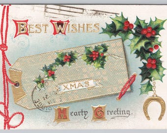 Embossed Vintage Christmas Postcard, Holly, Wishes