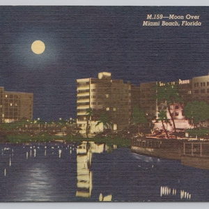 Carte postale Lune au-dessus de Miami Beach, Floride, Ligne d'horizon, années 50, 1253