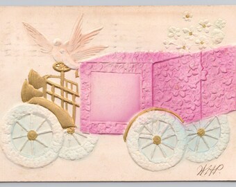 0172 Embossed Antique Raised Cart Flowers Pigeon Dove Fantasy  Postcard