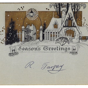 Carte de Noël antique 4 x 6 pouces Winter Cottage Carte postale avec doré doré