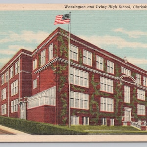 Carte postale 1445 en lin Washington & Irving High School Clarksburg Virginie-Occidentale