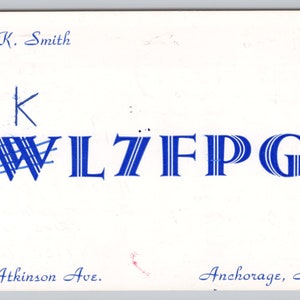 1968 Scheda QSL per radioamatori amatoriali Anchorage Alaska KL7FPG James K Smith 0790