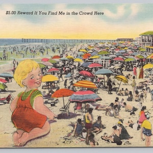 Collage de carte postale en lin vintage des années 40, foule exagérée, 0783