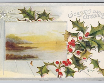 0315 Antique 1900s Embossed Christmas Postcard, Holly, Seasons Greetings
