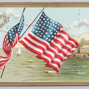 Cartolina patriottica d'epoca con bandiera statunitense, navi patriottiche, il nostro paese per sempre 7502