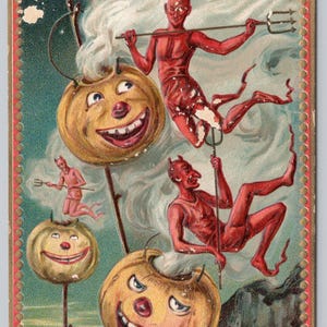 Cartolina di Halloween Vintage Tuck's Demon Devil Teste di zucca antropomorfe