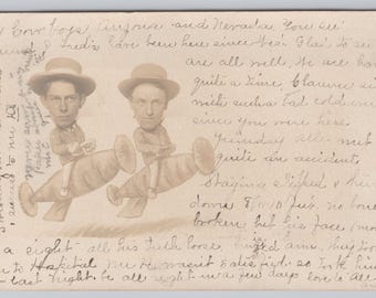 1885 Hilarious Portrait c1907 Two Men RPPC Antique Studio Photo Postcard
