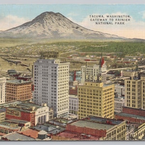 Carte postale en lin Tacoma Washington Mt Rainier, vue à vol d'oiseau 1394