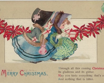 1915 Postcard Christmas Victorian Children Poinsettias Embossed 1915 Antique