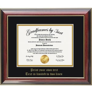 Handcrafted mahogany wood diploma frame with a high-gloss finish, featuring a double mat in black and gold with 'Class of 2025' 8.5x11,11x14