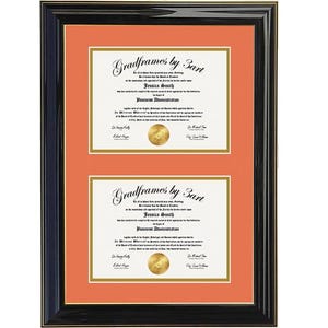 Double Diploma Frame: Black Wood with Orange Mat