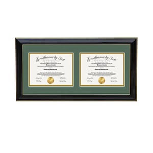 May include: A rectangular black frame with a gold inner trim containing two white documents side-by-side. Each document features the text Gradframes by 3art, Jessica Smith, and a gold circular seal. The documents are set against a green mat board.