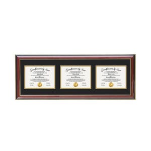 May include: A horizontal triple document frame with a dark cherry wood finish and a black mat. The frame holds three white certificates, each featuring the text Gradframes by Ian, a gold seal, and black printed text, arranged side by side.