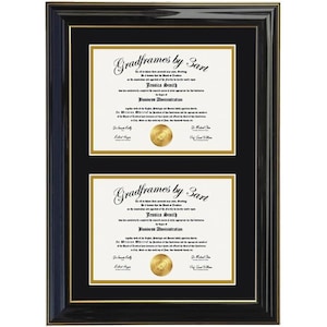 May include: A black rectangular diploma frame with a gold inner trim and a black mat featuring two rectangular openings. Each opening contains a white document with the text Gradframes by 3art, Jessica Smith, and Business Administration.