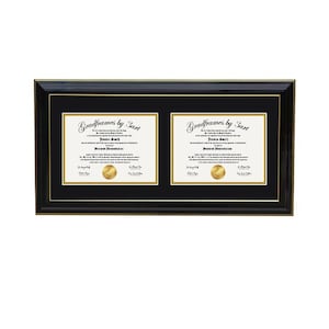 May include: A horizontal black rectangular frame with a gold inner trim and a black mat featuring two white documents. Each document displays the text Gradframes by 3art, the name Jordan Smith, and a circular gold seal at the bottom right corner.