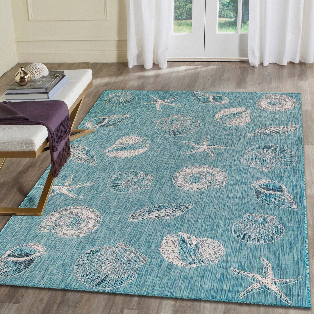 Liora Manne Carmel Shells Indoor Outdoor Area Rug Aqua Etsy
