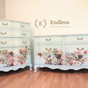 Blue Boho French country dresser, rub on furniture transfer, hand painted furniture