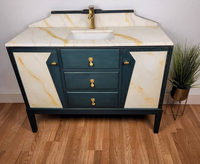 Art Deco Bathroom Vanity With Epoxy Marble Top Masculine Etsy