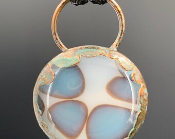 Blue and White Glass Pendant, Copper Electroformed with Antique Patina