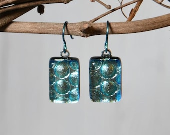 Pale Aqua Dichroic Dangle Earrings with Hypoallergenic Niobium Ear Wires