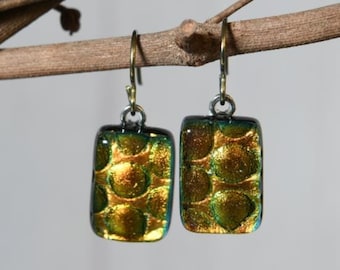 Green-ish Gold Dichroic Dangle Earrings with Hypoallergenic Niobium Ear Wires